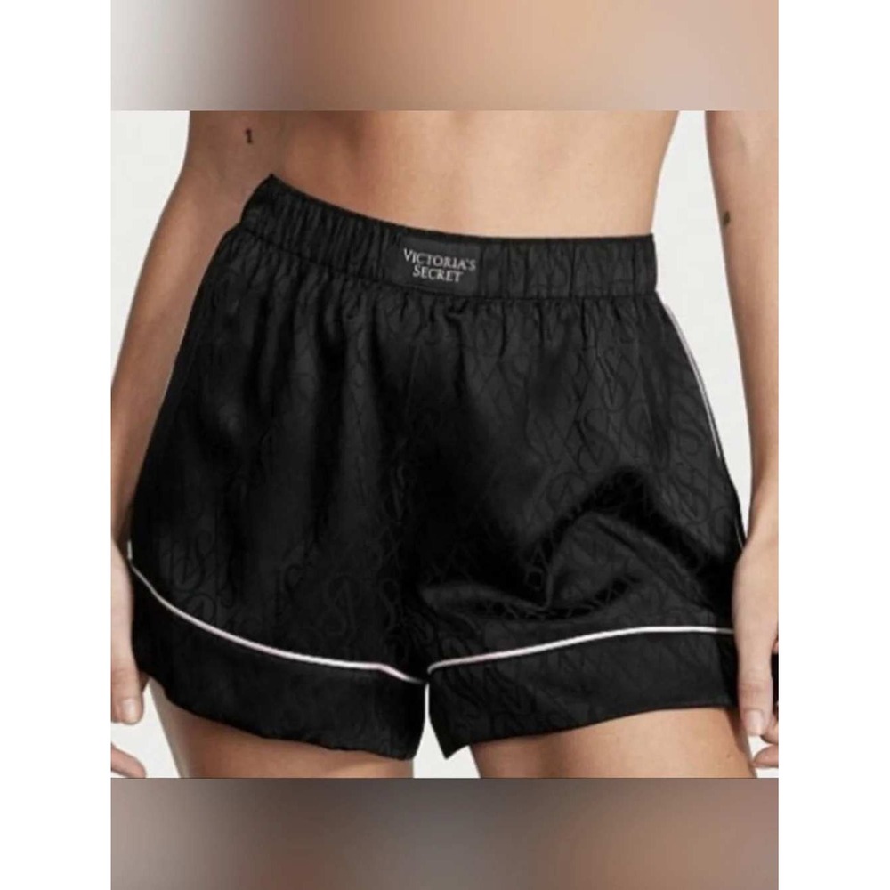 Victoria's Secret Pajama Shorts Small Black Pink Logo Jacquard Satin NWT